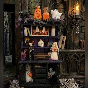 Halloween Miniature Display Shelf with Orange & Purple Holiday Figures